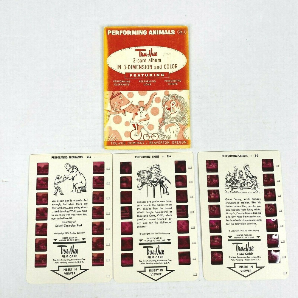 VTG Tru Vue Film 3‎ Cards Performing Animals ZA-1